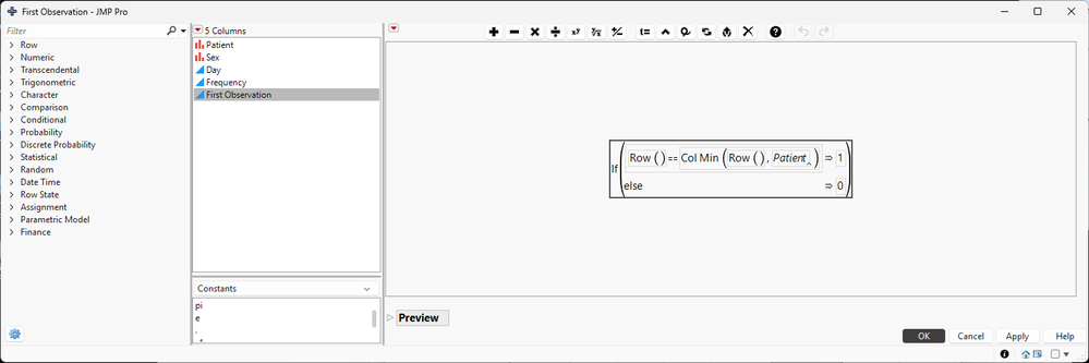 Figure 4. Formula to identify the first record for each patient.