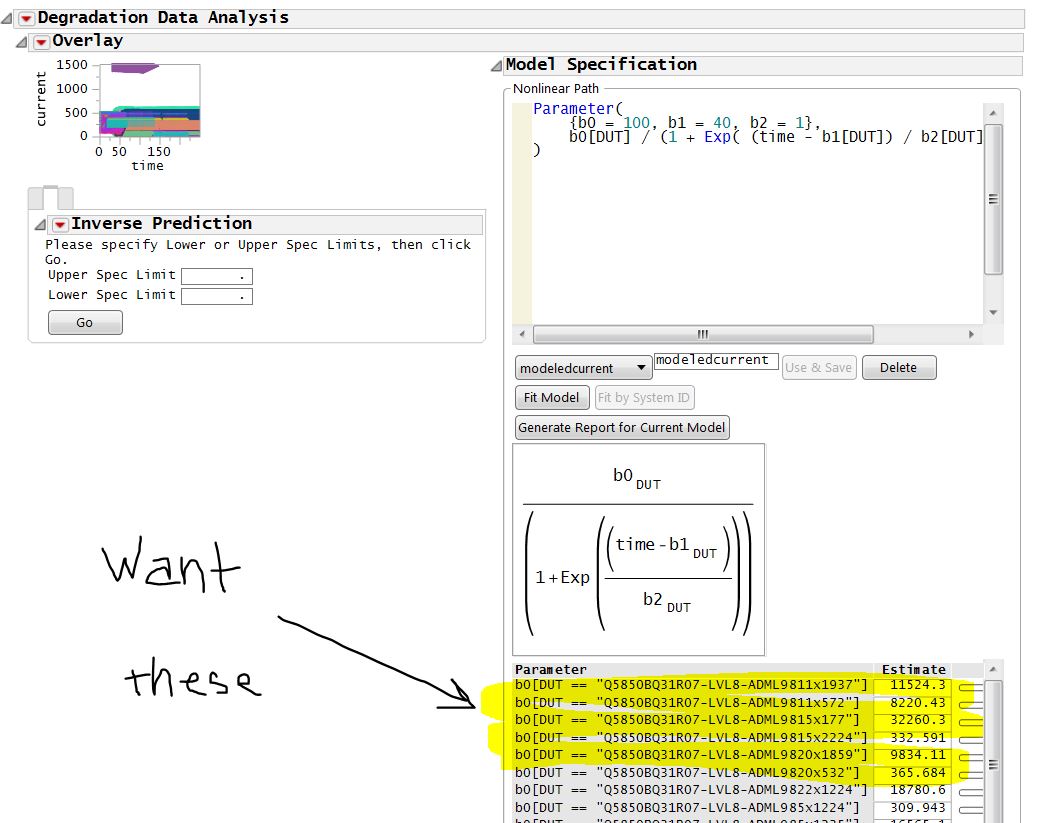 Capturing degradation fit parameters to table? - JMP User Community