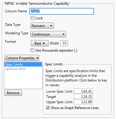 NPN1 Spec Limits Column Property