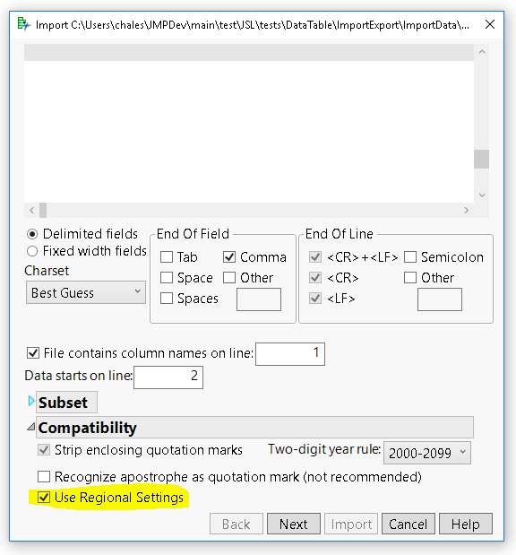 The import wizard uses periods for decimals by default